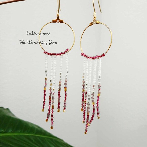 Boho Chic Seed Bead Fringe Cascade Tassel Hoop Dangle Earrings, Statement 4.5" - Picture 5 of 9